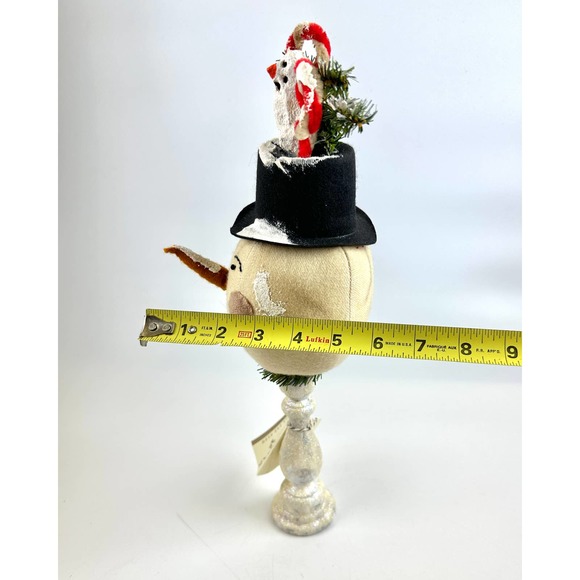 Vintage Whimsical Handmade Snowman Head On A Wooden Candlestick With Candy Canes - Picture 9 of 12